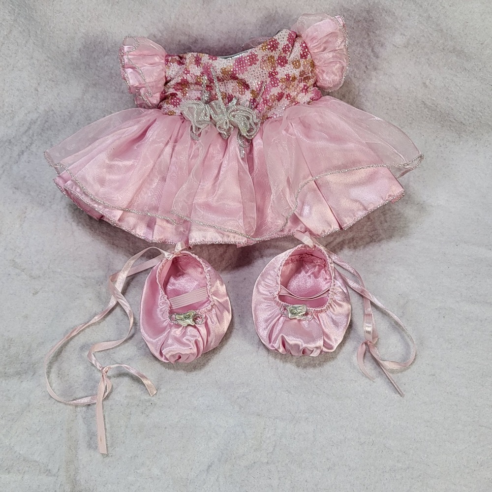 Build-A-Bear Pink Sequin Ballerina Tutu Dress Ballet Slippers 2pc Outfit